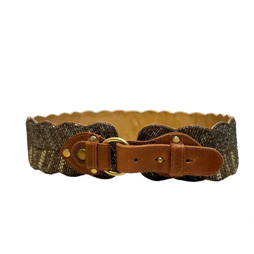 Motif 56 Brown Leather Glass Beaded Scalloped Wide Belt Size Large Statement